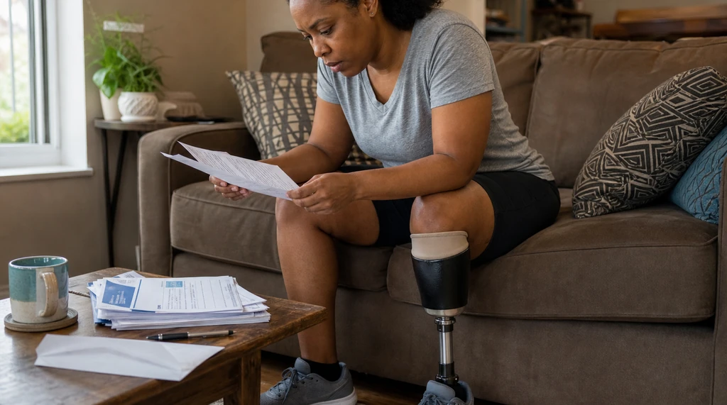 Black woman with a below-knee prosthesis seated in shorts reviewing an insurance claim letter at home