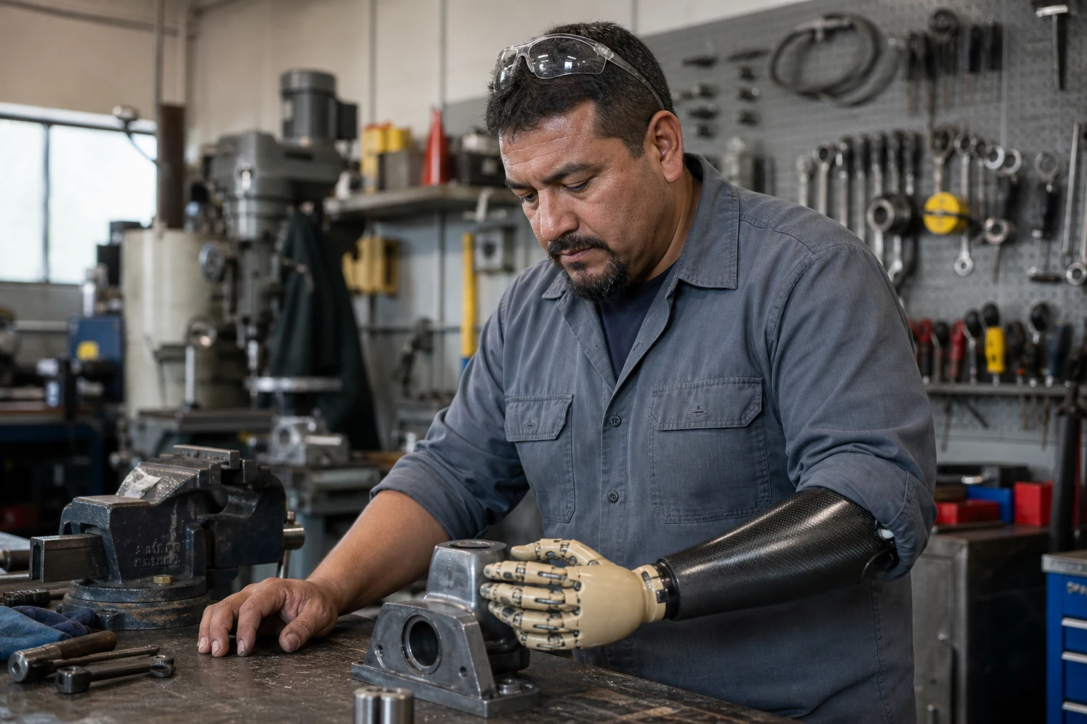 Worker with a below-elbow myoelectric prosthetic hand at an industrial workbench in a machine shop