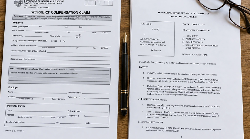 Overhead flat-lay of a workers compensation claim form beside a civil court complaint for a personal injury lawsuit with a pen between them