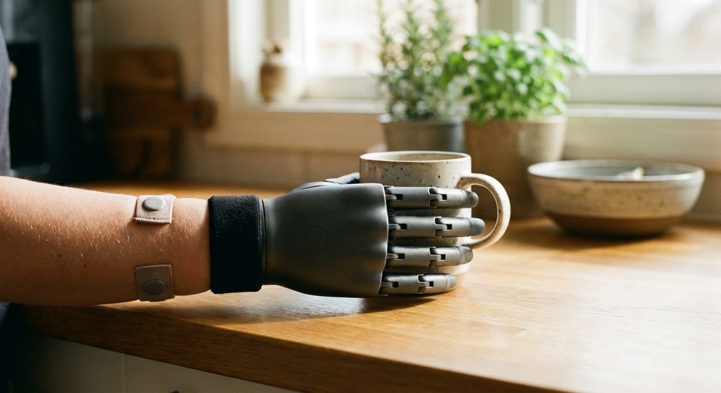AI-powered myoelectric prosthetic hand gripping a coffee cup with sensors on the forearm