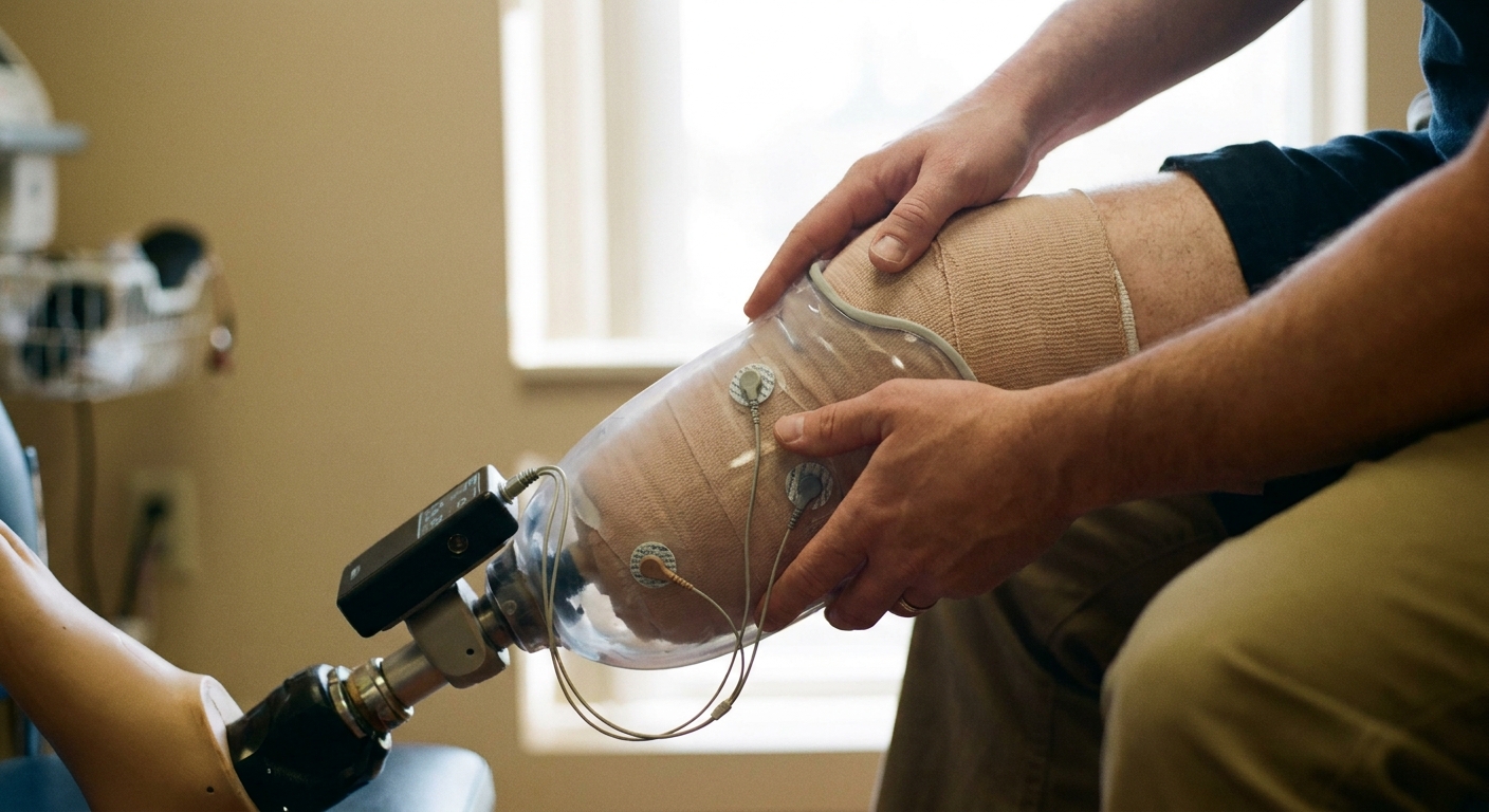 Sensors on a residual limb reading muscle signals for an AI-controlled prosthetic leg during a clinic fitting