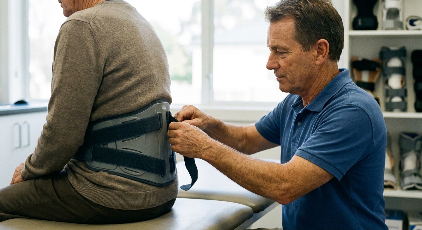 Orthotist adjusting the straps of a rigid lower back brace on a seated person in a clinic