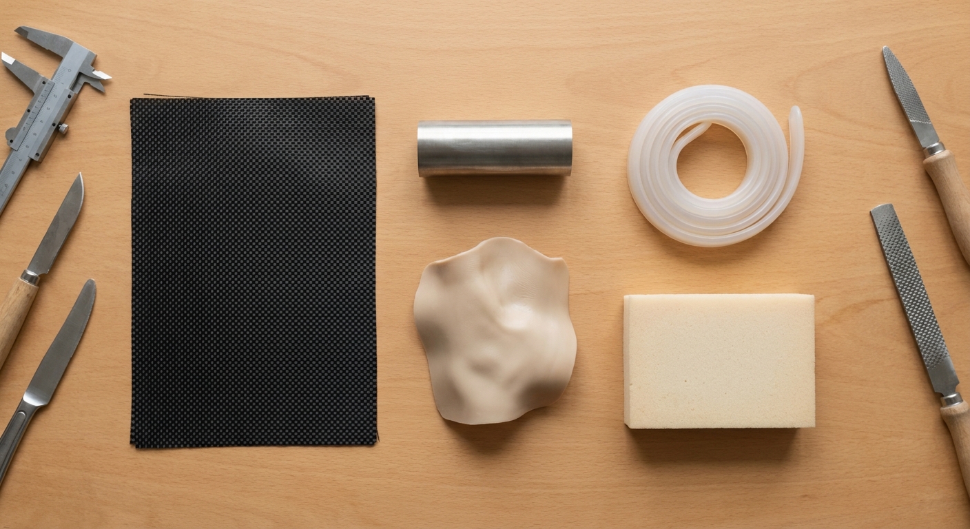 Flat lay of prosthetic materials including a carbon fiber sheet, titanium tube, silicone liner, thermoplastic, and foam