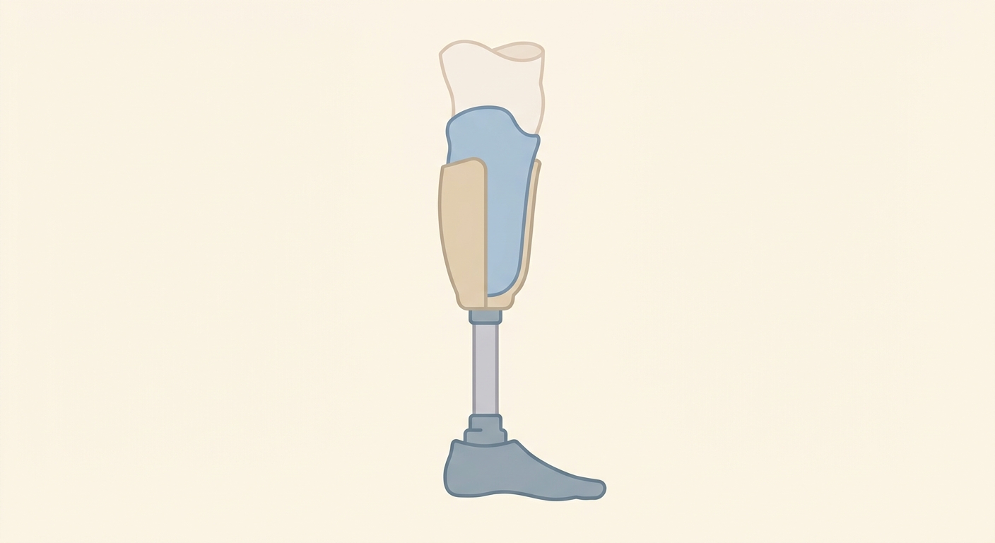 Illustration of a below-knee prosthetic showing the liner, socket, pylon, and foot layers stacked