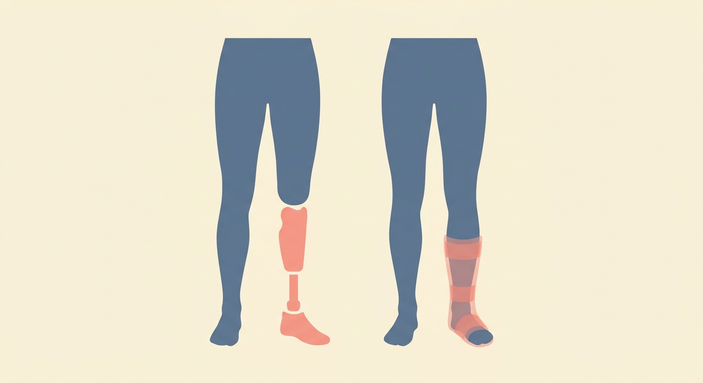 A flat illustration showing a prosthetic replacing a missing lower leg on the left and an orthotic brace supporting a natural leg on the right