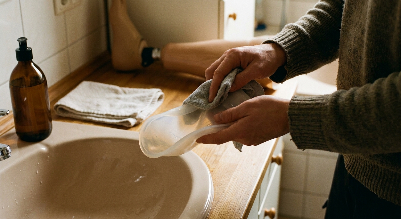 Person wiping a silicone prosthetic liner clean at a home bathroom sink