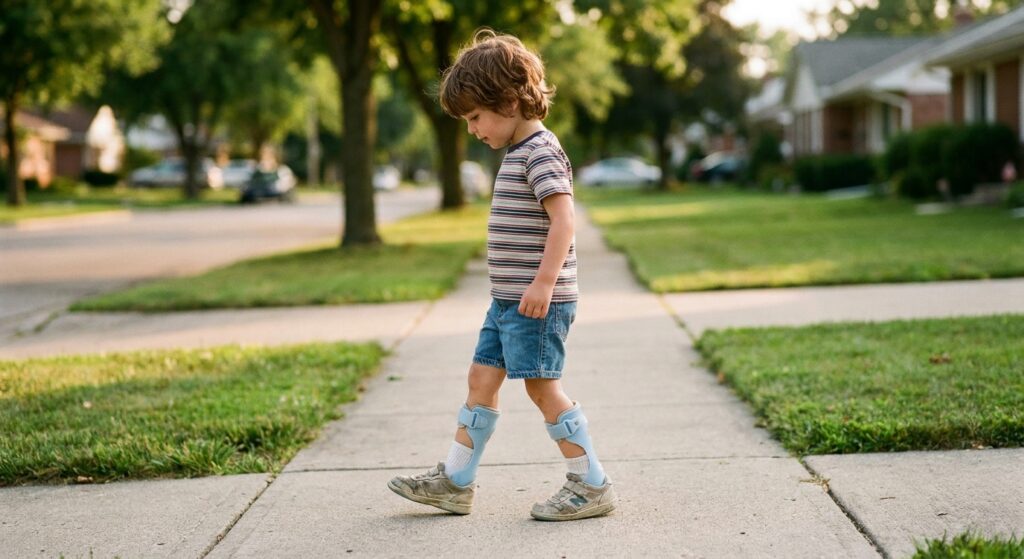 Child walking outdoors wearing ankle foot orthosis braces