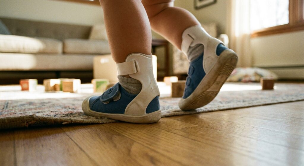 Toddler's feet in white SMO ankle braces and shoes taking steps on a wooden floor at home