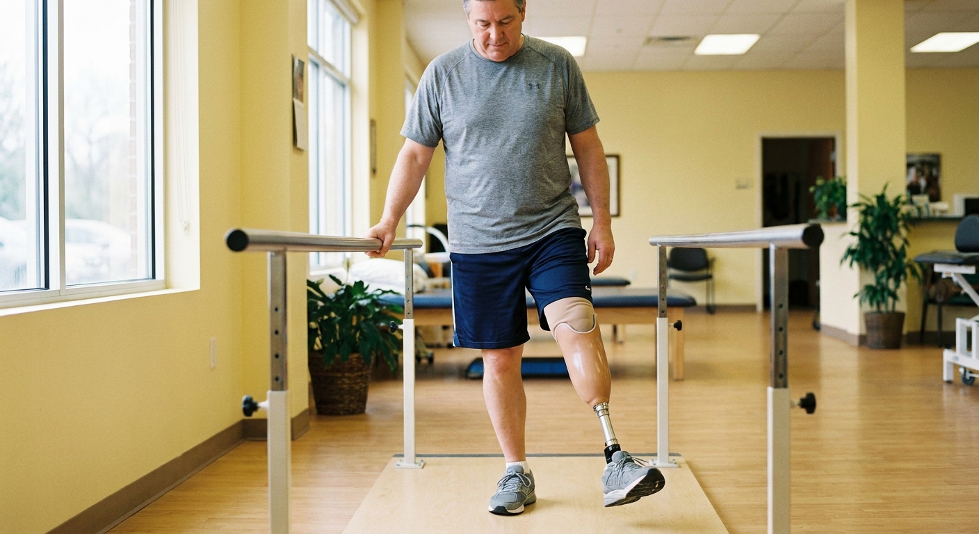 A man shifts his weight onto a below-knee prosthetic leg while steadying himself on parallel bars during physical therapy