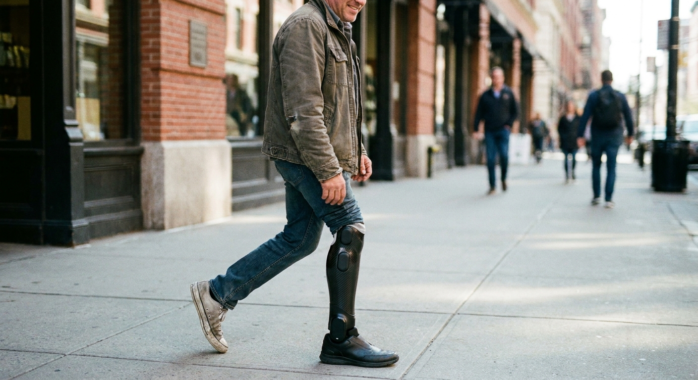 Amputee walking naturally on a city sidewalk with an advanced AI-powered bionic prosthetic leg