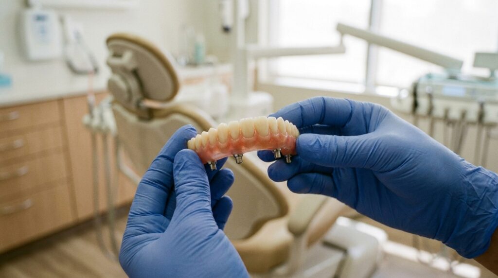 Full-arch hybrid denture with visible implant posts held in gloved hands in a dental clinic