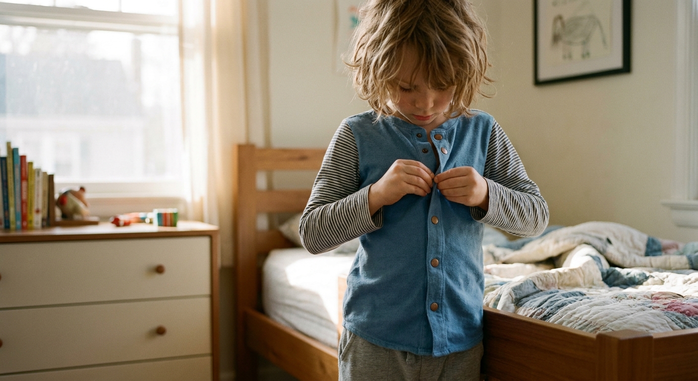 Child concentrating as they fasten a magnetic-closure shirt on their own