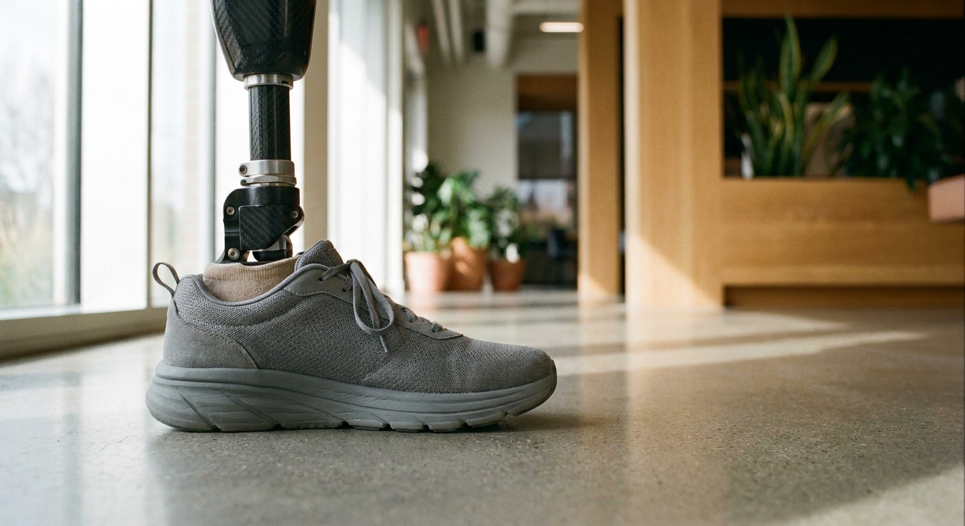 Close-up of a below-knee prosthetic foot in a cushioned sneaker with a thick supportive sole