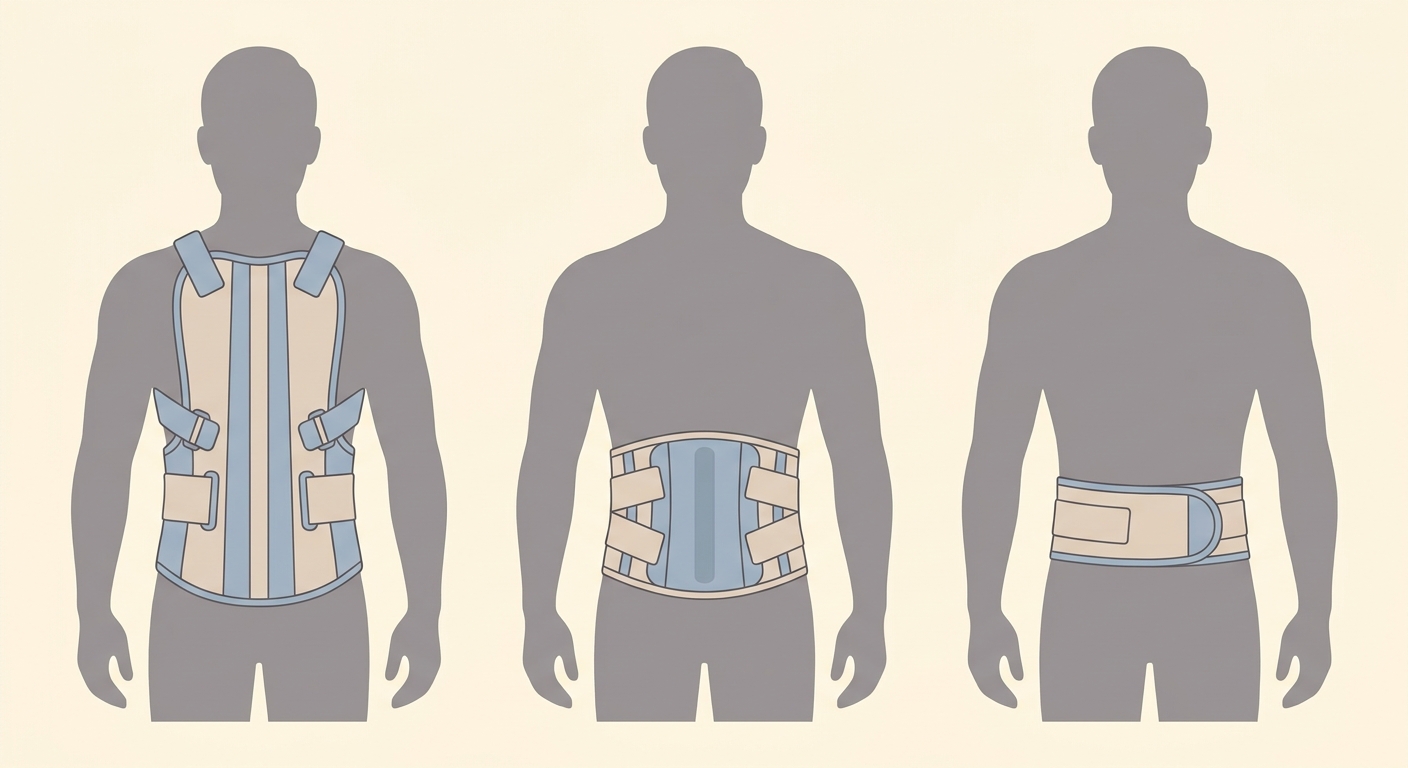 Illustration comparing a rigid, a semi-rigid lumbar, and a flexible back brace on three torsos