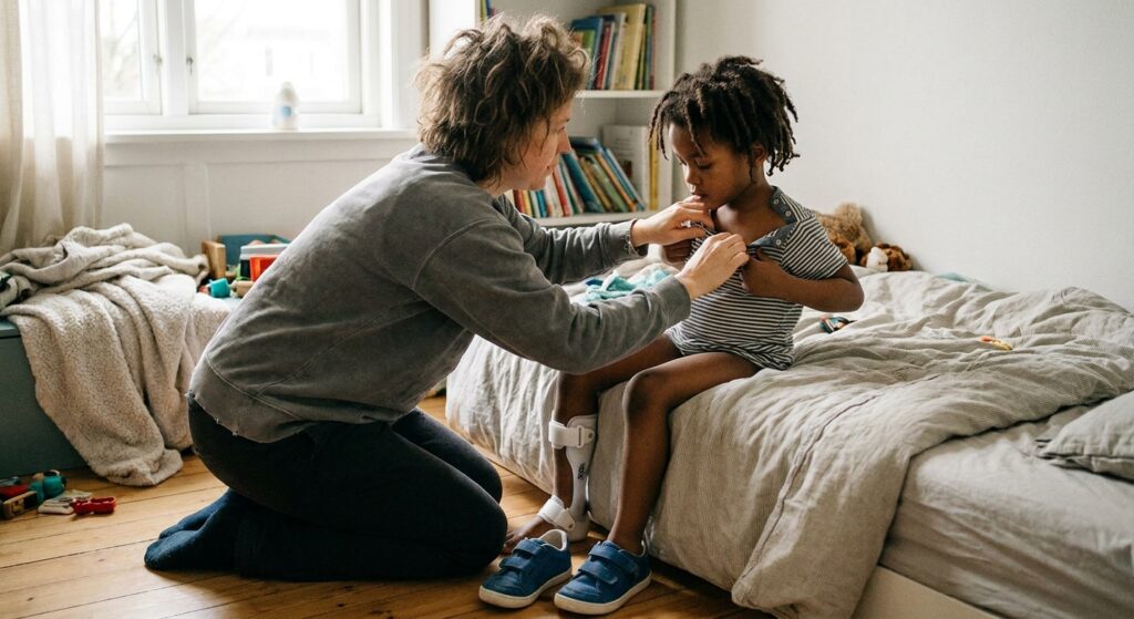 Parent kneeling to help a young child with an ankle-foot brace put on an easy-fasten shirt