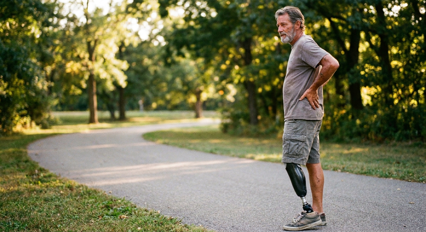 Man with a below-knee prosthetic leg resting a hand on his lower back on a park path