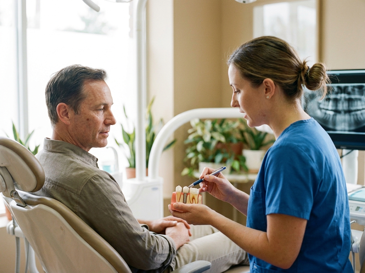 A dentist points to a dental implant model while an adult listens during a consultation