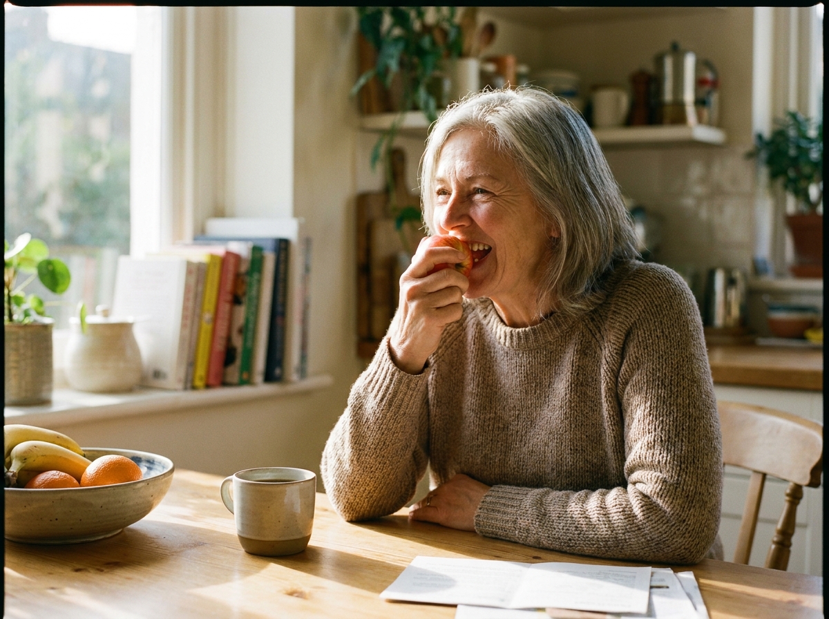 An older adult biting into a fresh apple with an easy smile at a sunny kitchen table