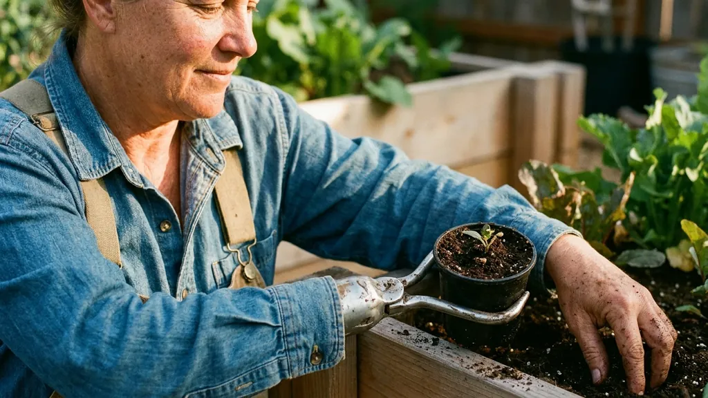Body powered prosthetic arm hook planting a seedling in a garden