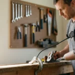 Person using a body powered prosthetic arm with a hook in a workshop