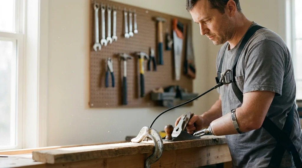 Person using a body powered prosthetic arm with a hook in a workshop
