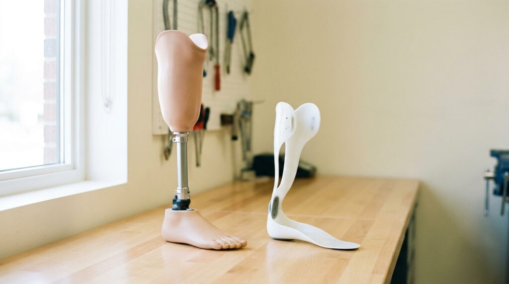 A below-knee prosthetic leg and a white ankle-foot orthosis brace displayed side by side on a clinic workbench
