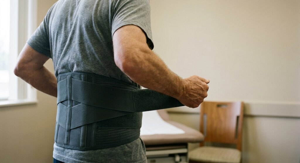 Person adjusting the straps of a lumbar medical back brace worn over a t-shirt