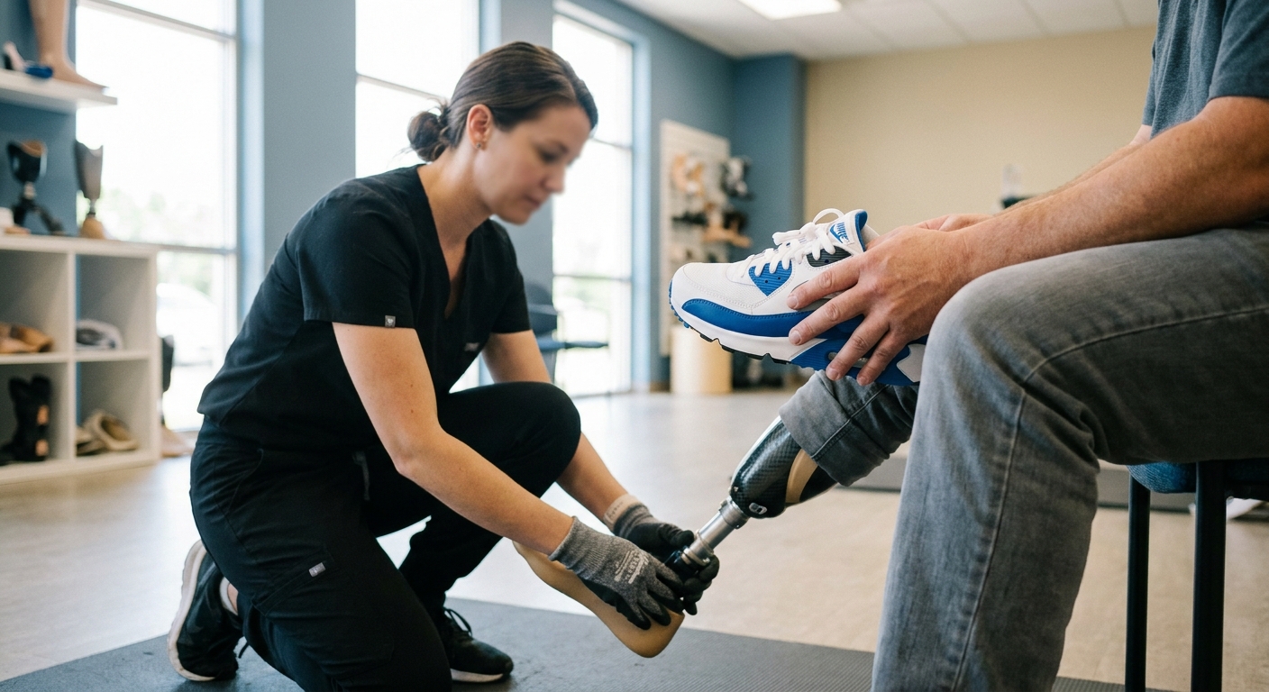 Prosthetist kneeling to adjust a below-knee prosthetic foot while a seated client holds a new sneaker in a clinic