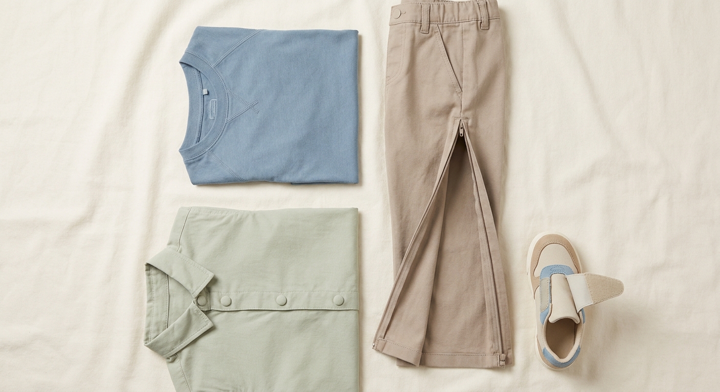 Flat lay of adaptive kids clothing showing magnetic snaps, a side leg zipper, and a wide-opening sneaker