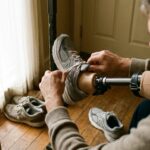 Man easing a cushioned athletic sneaker onto a below-knee prosthetic foot at home