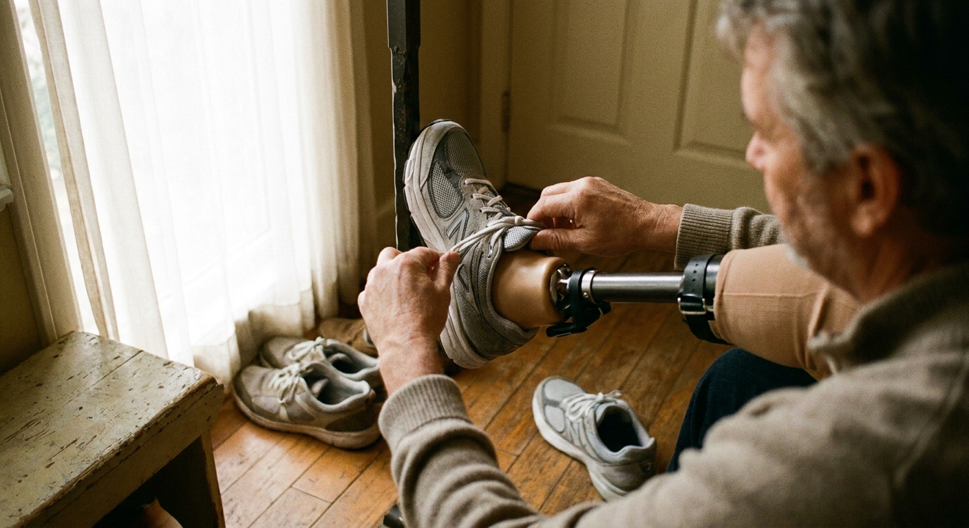 Man easing a cushioned athletic sneaker onto a below-knee prosthetic foot at home