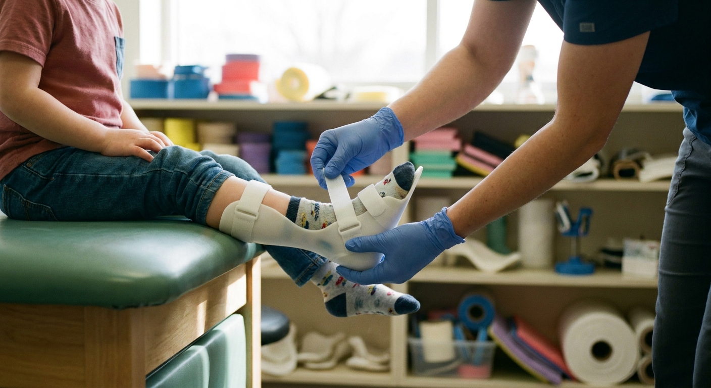 Pediatric orthotist's hands adjusting the straps of a white molded ankle foot orthosis fitted on a seated child's lower leg