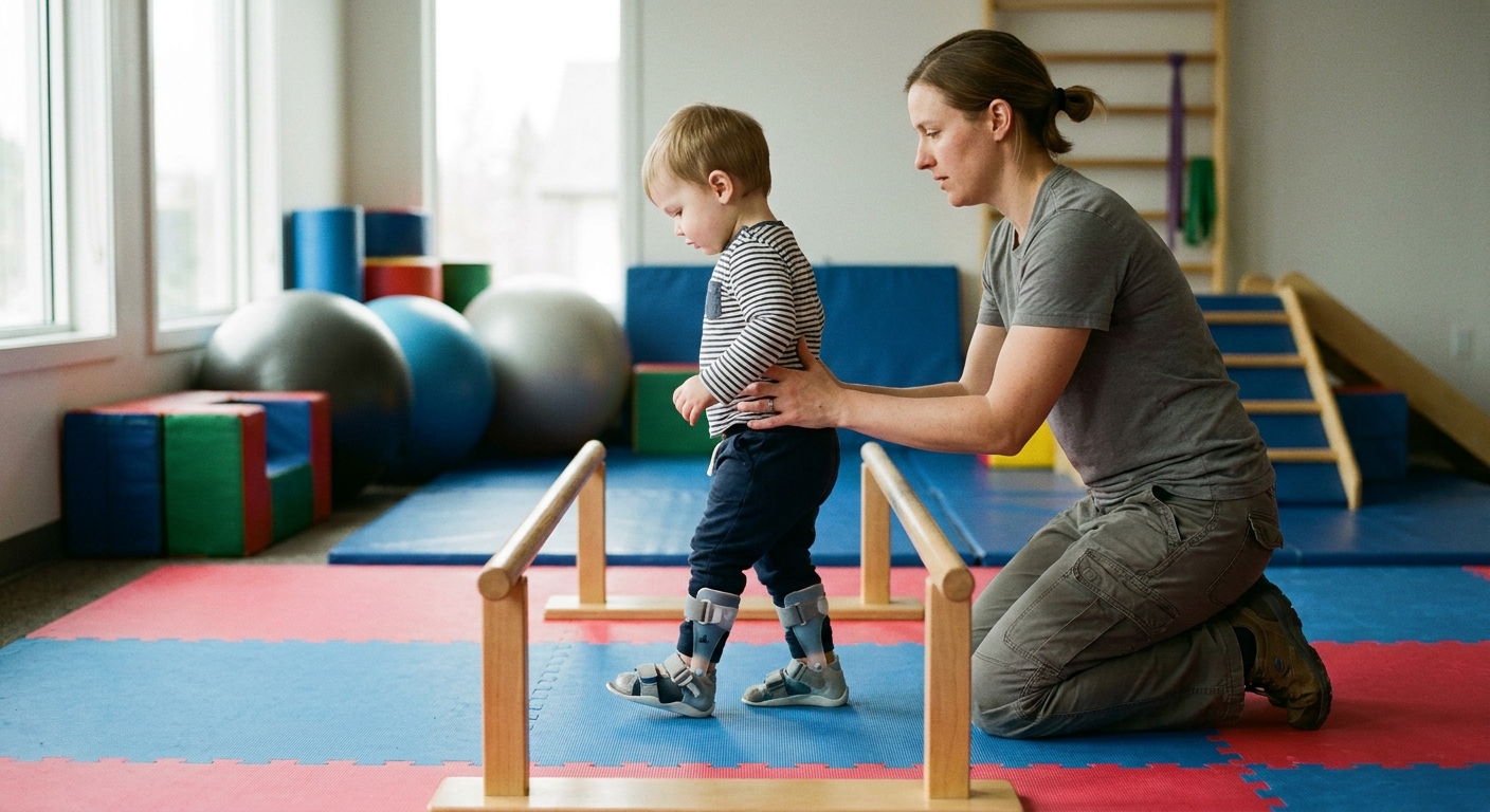 Young child wearing ankle foot orthosis braces practicing walking between parallel bars while a physical therapist supports them