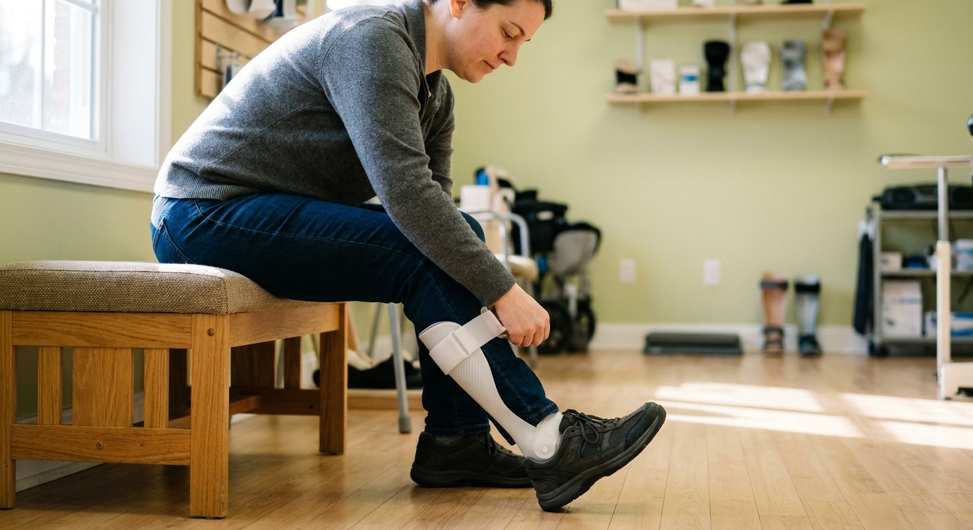 A woman seated on a bench fastens a white ankle-foot orthosis brace that supports her lower leg and ankle
