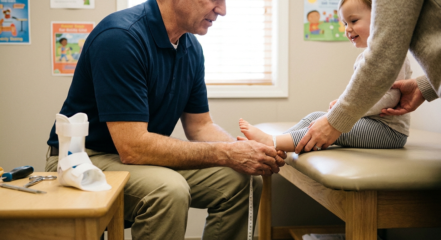 Pediatric orthotist measuring a young child's foot to fit an SMO brace in a clinic