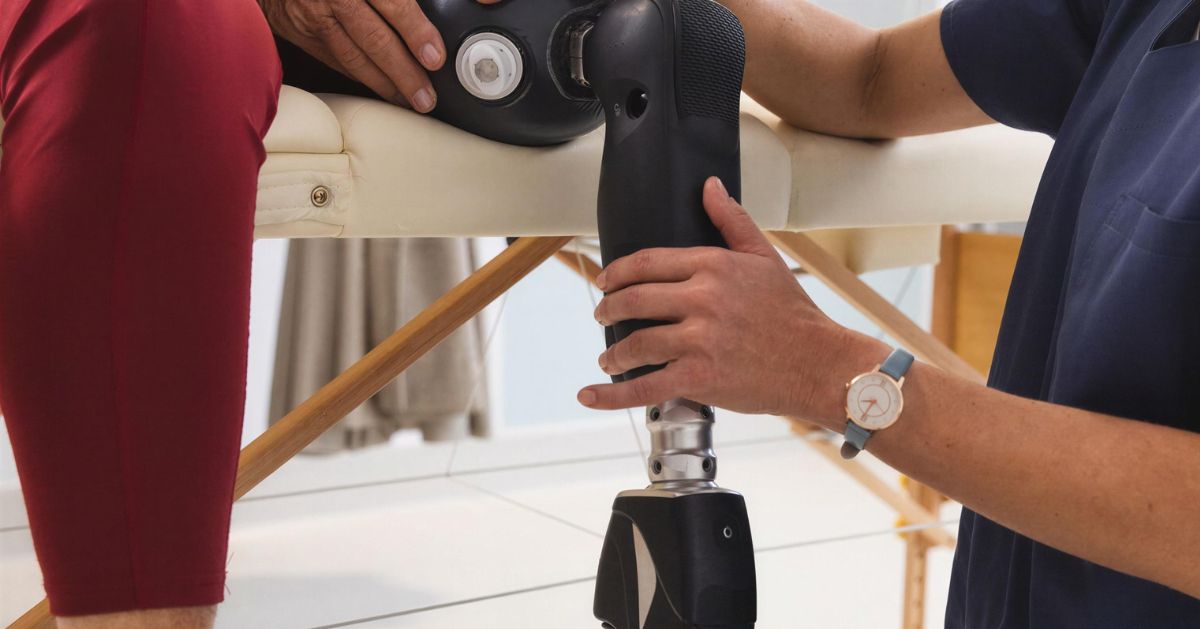 Prosthetist adjusting a lower-limb prosthesis during a fitting appointment.