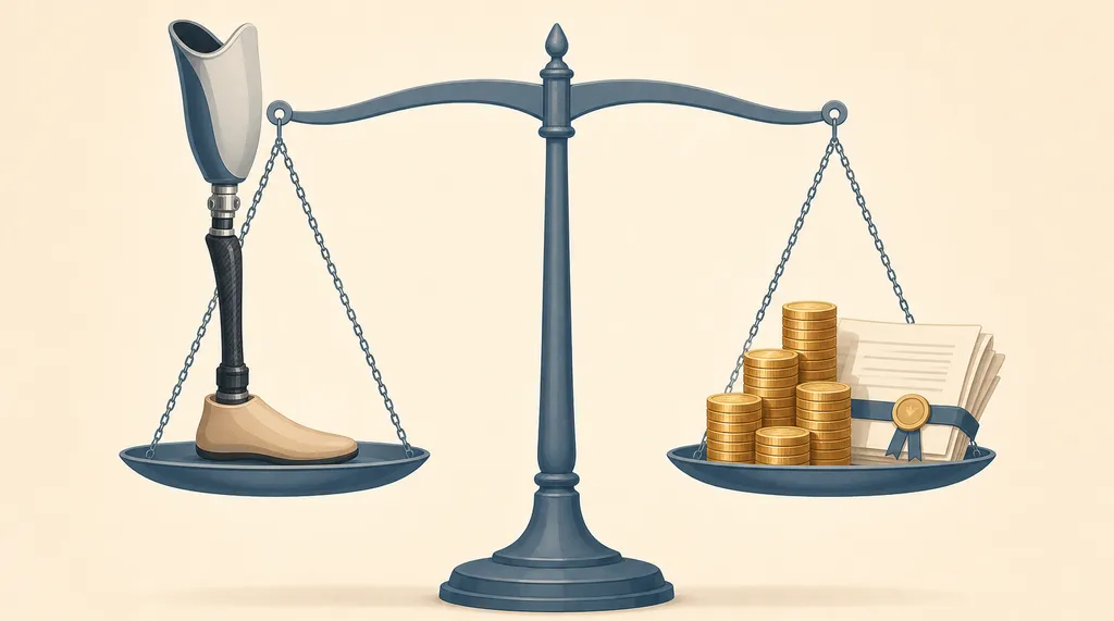 Balance scale weighing a prosthetic leg against coins and legal documents