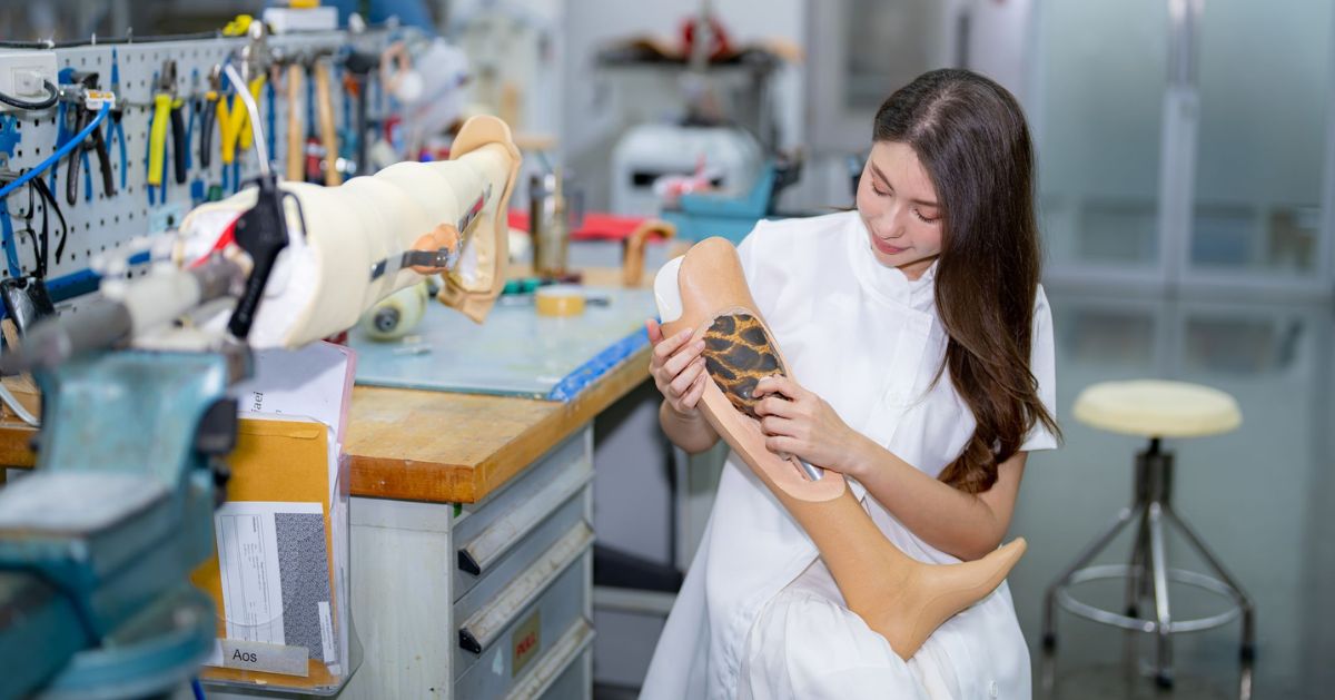 Prosthetist inspecting and adjusting a prosthetic leg in a fabrication workshop.