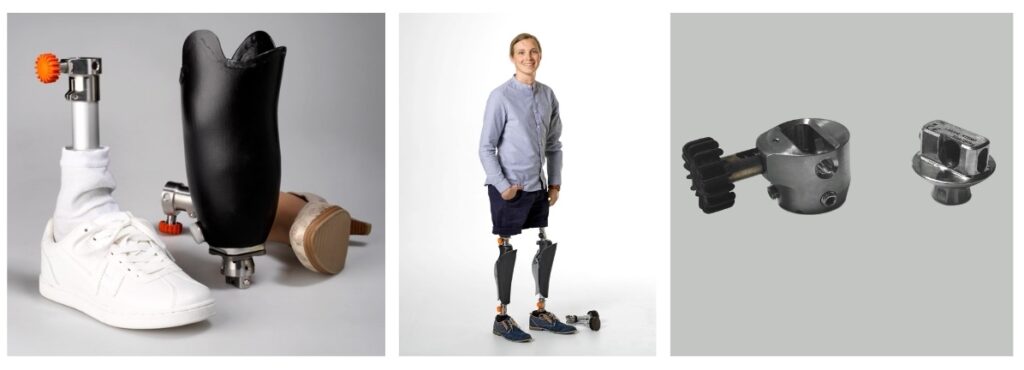 Bilateral amputee demonstrating prosthetic legs with quick-change adapters and interchangeable feet