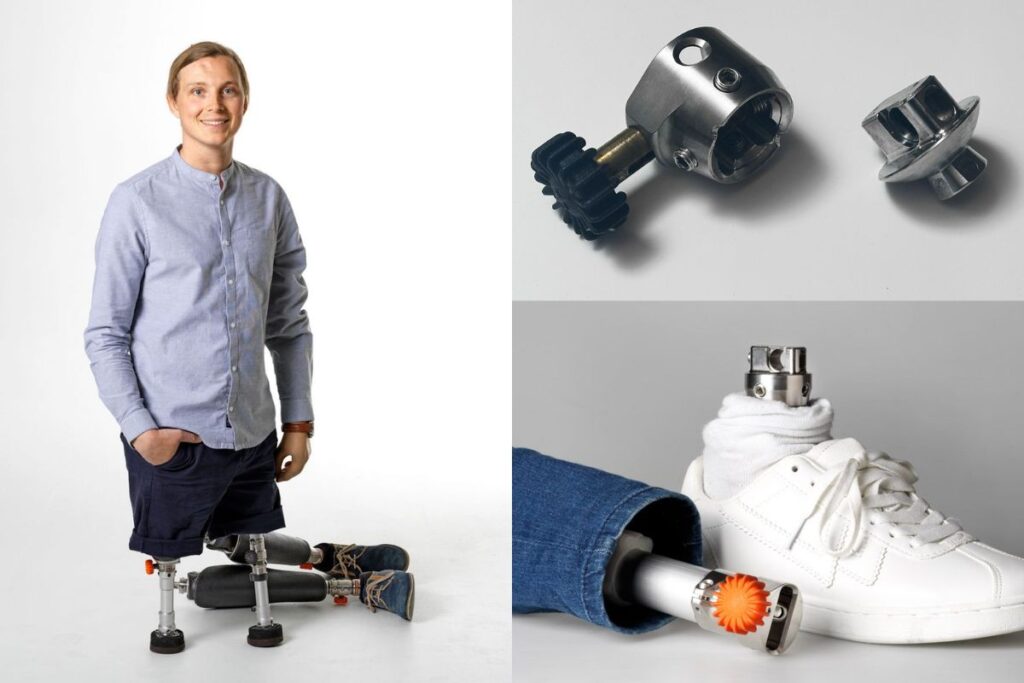 Bilateral below-knee amputee with Lindhe Quick-Change Adapters, shown alongside the adapter and a prosthetic foot attachment.
